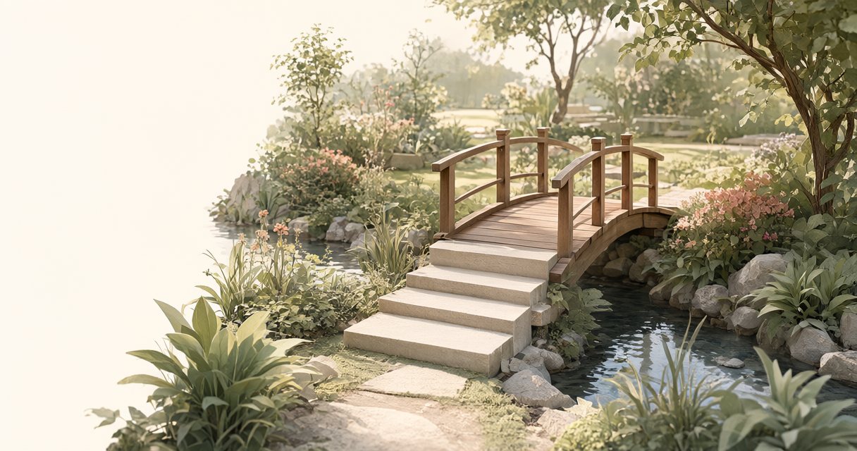 A small wooden bridge links two quiet gardens across a stream, an illustration of the transition into retirement.